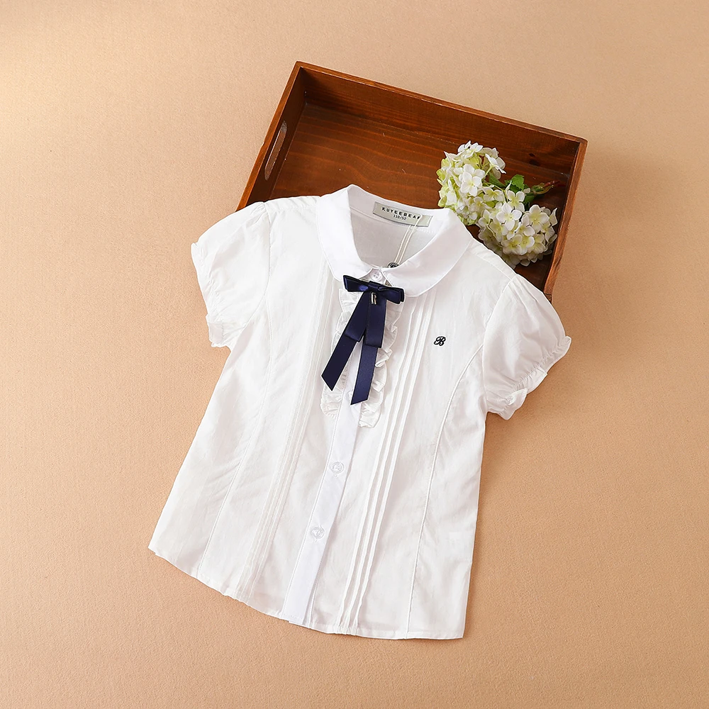 Girls Blouse Shirts Summer Short Sleeve Cotton Lovely Bow Causal White Tops For 10-12 Years Children Clothes