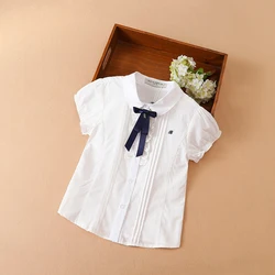 Girls Blouse Shirts Summer Short Sleeve Cotton Lovely Bow Causal White Tops For 10-12 Years Children Clothes