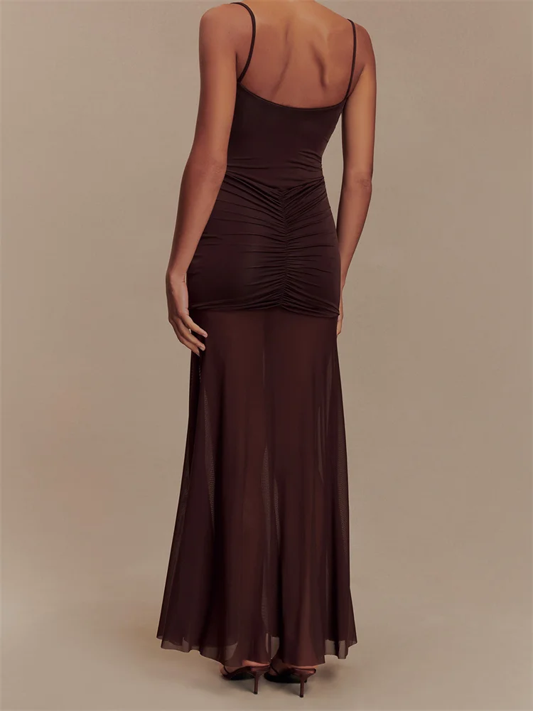 CHRONSTYLE-Vestido largo fruncido sin mangas con tirantes para mujer, vestido largo con cuello en V calado de malla transparente, Vestidos 2025