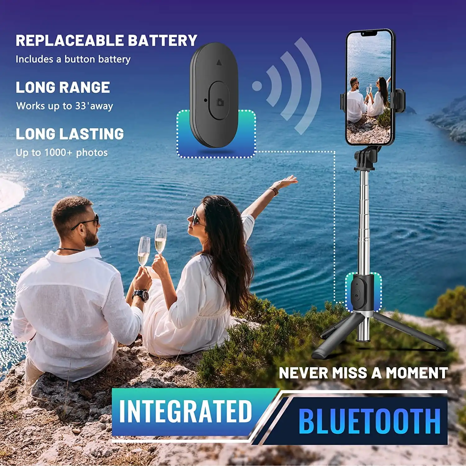 عصا سيلفي 103 سم قابلة للتمديد، حامل ثلاثي القوائم مع مصراع بلوتوث قابل للفصل، حامل ثلاثي القوائم عن بعد لهاتف آيفون وأندرويد #2