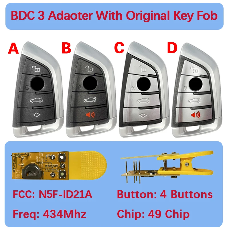 

CNP231 Оригинальный 4-кнопочный ключ FCC N5F-ID21A IC 3248A-ID21A 434 МГц 49-чип с адаптером BDC 3, легко адаптируется для BMW X1 X3 X5 X7 2016+