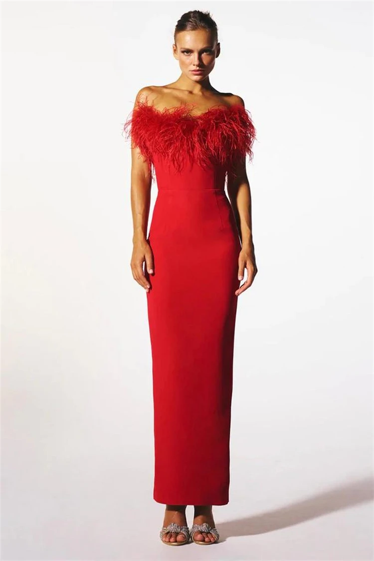 

Red Carpet Goddess Long Evening Dress Graceful Women Slash Neck Feathers Edge Red Package Bandage DressCelebrity Party Vestido