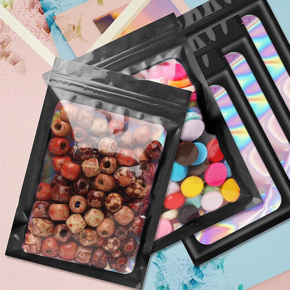 100pcs Smell Proof Mylar Bags Holographic Laser Color Plastic Packaging Pouch Jewelry Retail Storage Pouch Gift For Food