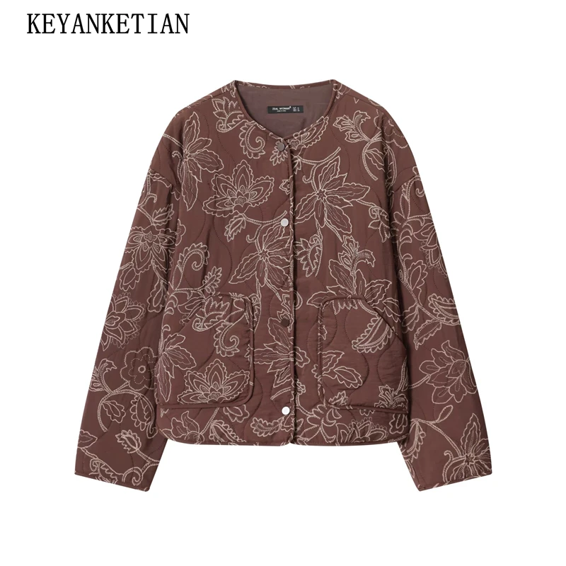 KEYANKETIAN 2025 Autumn New Women's Embroidery Decoration Quilted Outwear Jacket Retro style O-Neck Single Breasted Blazer Coat