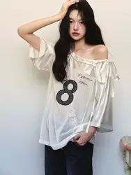 Deeptown Y2k Streetwear Off Shoulder T Shirts Women Coquette Aesthetic Short Sleeve Tees Female Casual Kpop Grunge Oversized Top