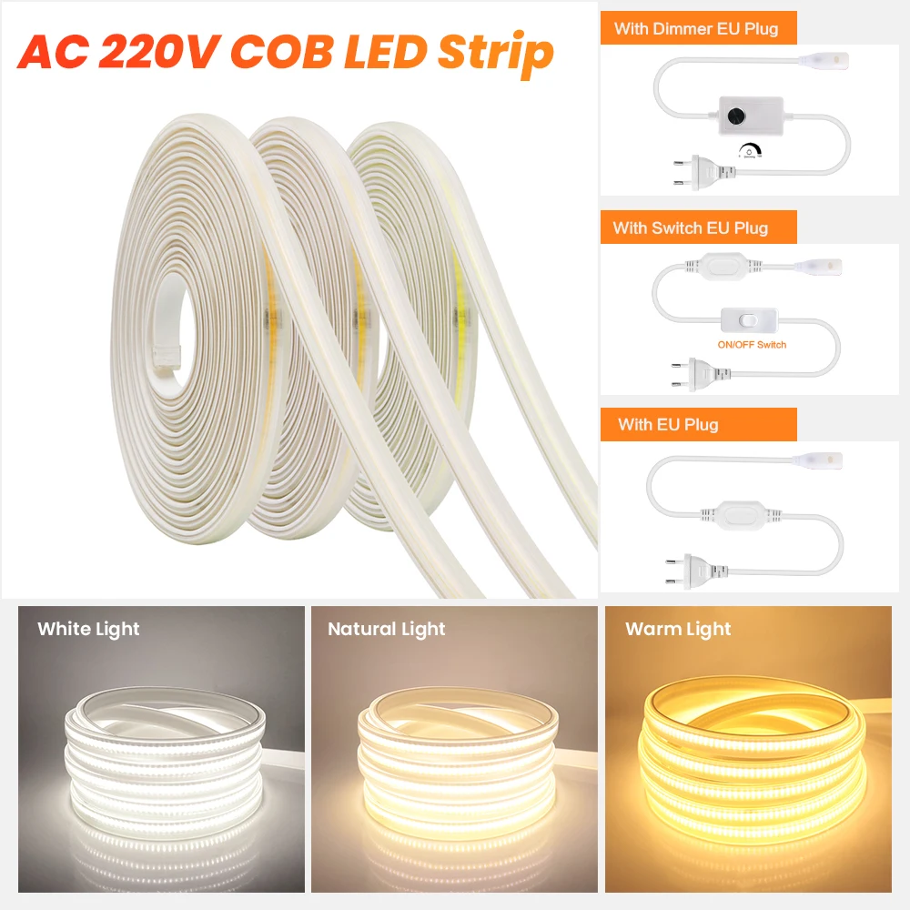 Dimmable 220V COB LED Neon Strip Light 288LEDs/m Super Bright Flexible Ribbon FOB Tape With Switch/Dimmer Plug IP67 Home Decor