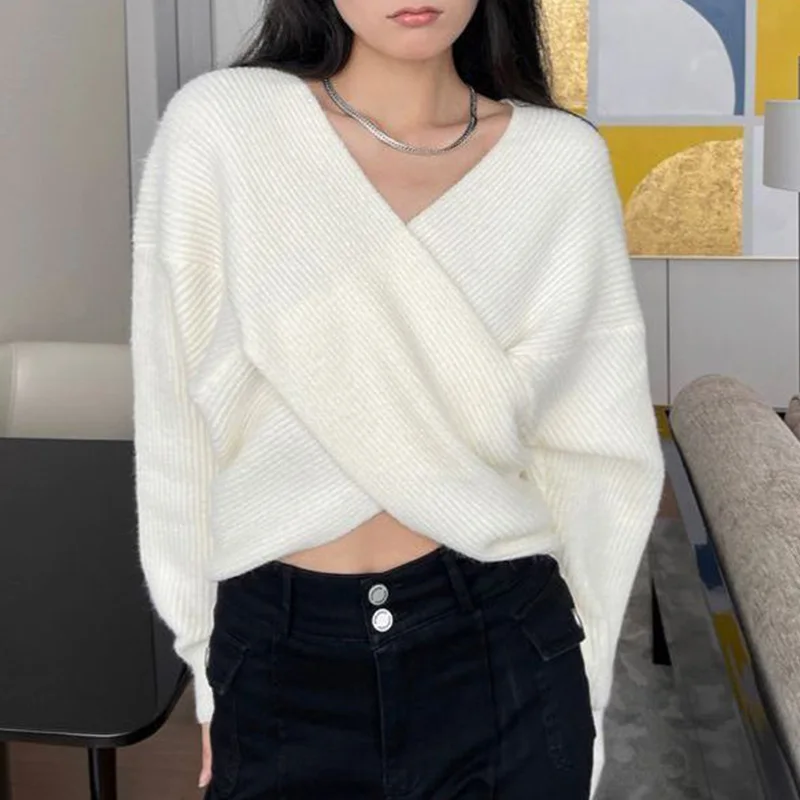 Female Preppy Style Irregular Solid Color Knitting V-neck Puff Sleeve Pullovers Autumn Sweet Hollow Out Loose Sweater Women\'s