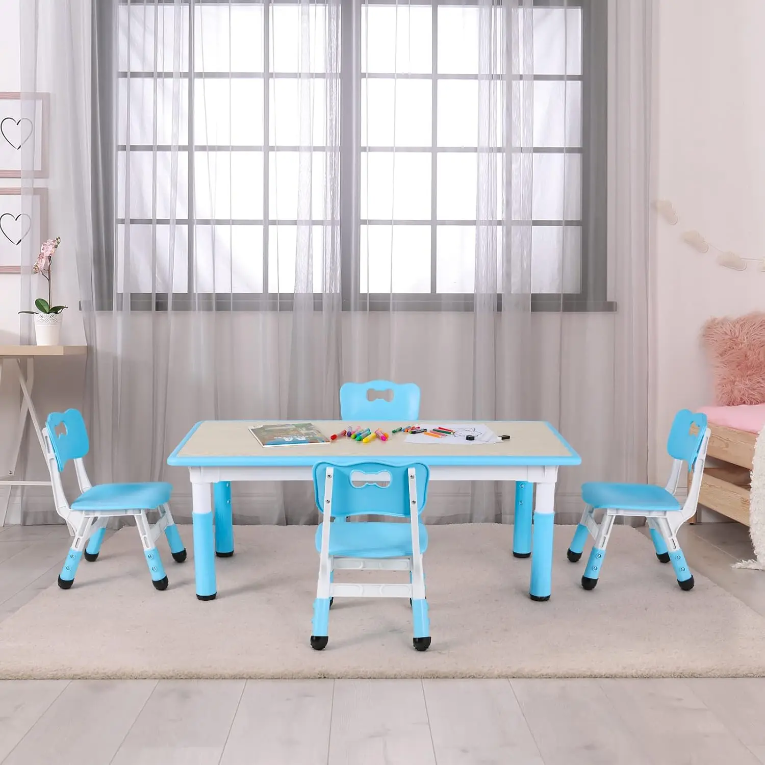 Kids Table and 4 Chair Set, Height Adjustable Toddler Table and Chair Set, Non-Slip Legs, Graffiti Desktop, Large Childre