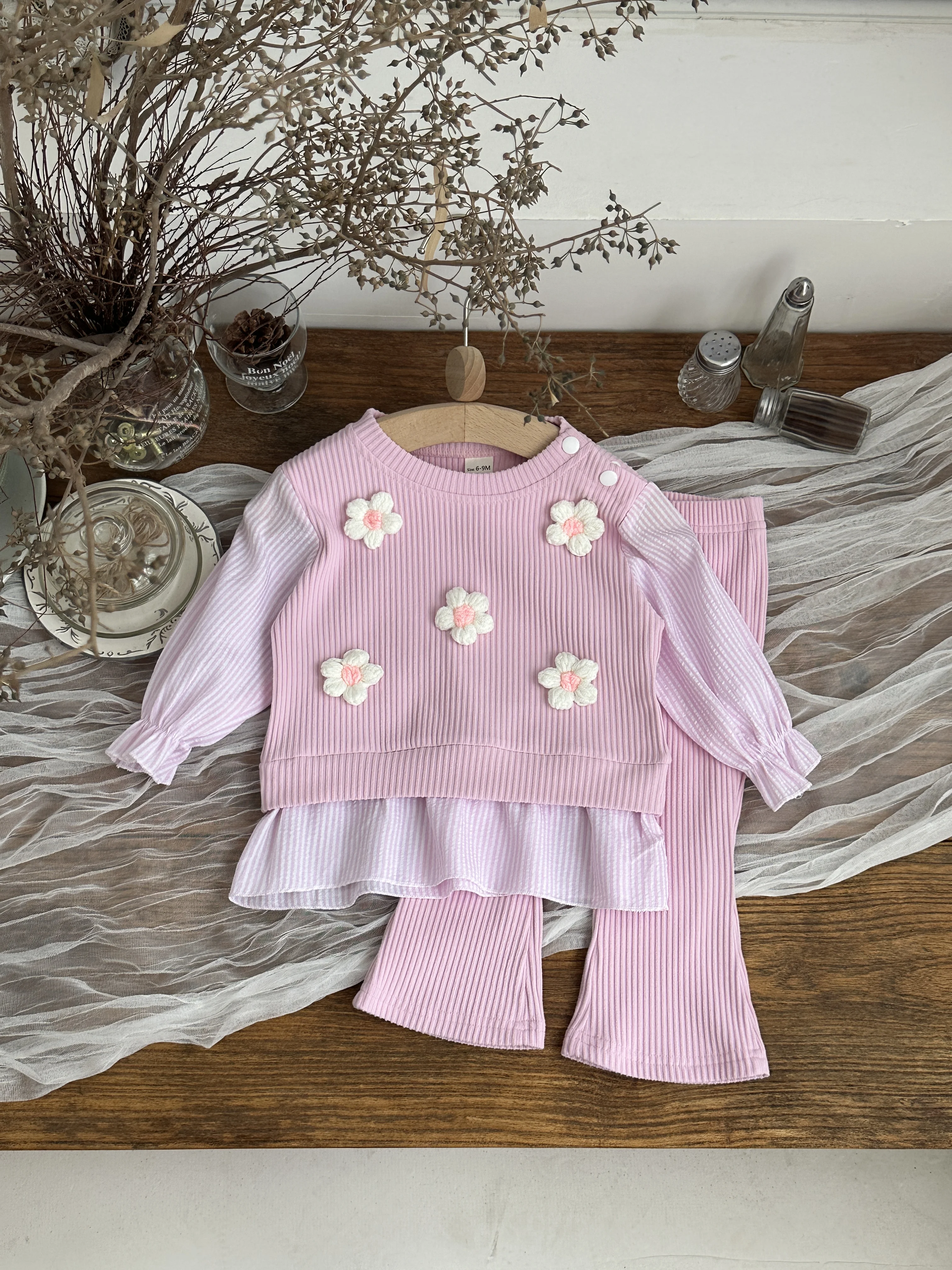Spring Autumn Baby Soft Vertical Texture Knit Flower Set, Hem Ruffle Elastic Flare Leggings For Baby Infant Girls