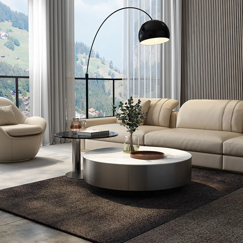 Italian bright stainless steel gray steel coffee table TV cabinet combined rock slab glass round coffee table