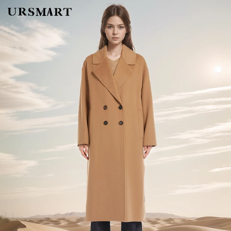 Modern Minimalist Camel Wool Coat for Women - Custom Knee-Length Double Breasted Workwear