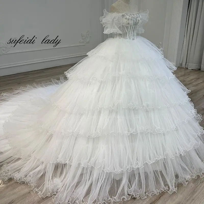 2022 Lace Wedding Dress Floor Length Elegant Bridal Gowns Robe De Mariee Ruffles Skirt Vintage Bride Custom Ball Gown Puffy Tull