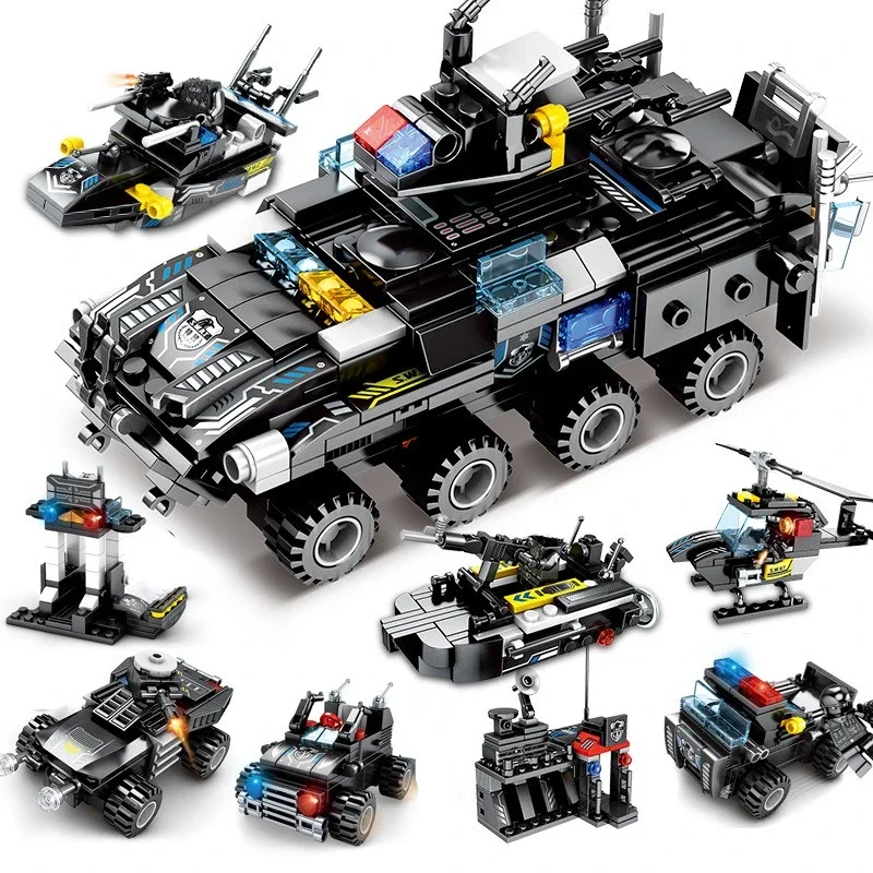 City Series Police Station SWAT Building Blocks Fighting Robot Helicopter Bricks Kit Educational Toys for Children Gifts