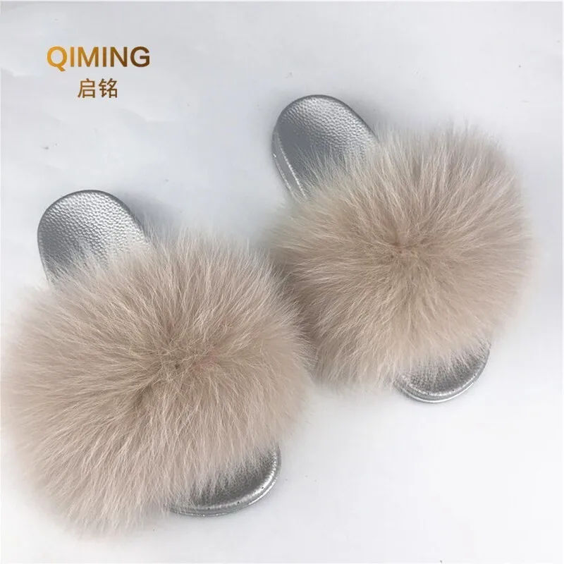 Summer Silver Soles Fox Fur Fluffy Home furry Slippers Female Non-slip Outdoor Slipper Women Beach Shoes Woman Flip Flops Slides