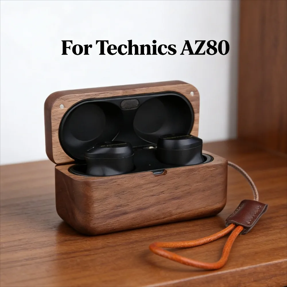 Estojo de madeira maciça para fone de ouvido, capa protetora rígida de nogueira para fone de ouvido sem fio bluetooth technics az80 com alça anti-perda