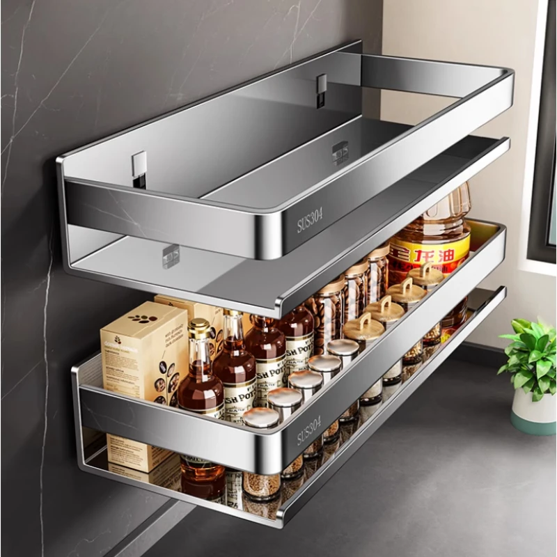 

304 Stainless Steel Spice Rack Wall Mounted Kitchen Organizer for Dressing Rustproof Hanging Shelf Space-Saving Storage Solution