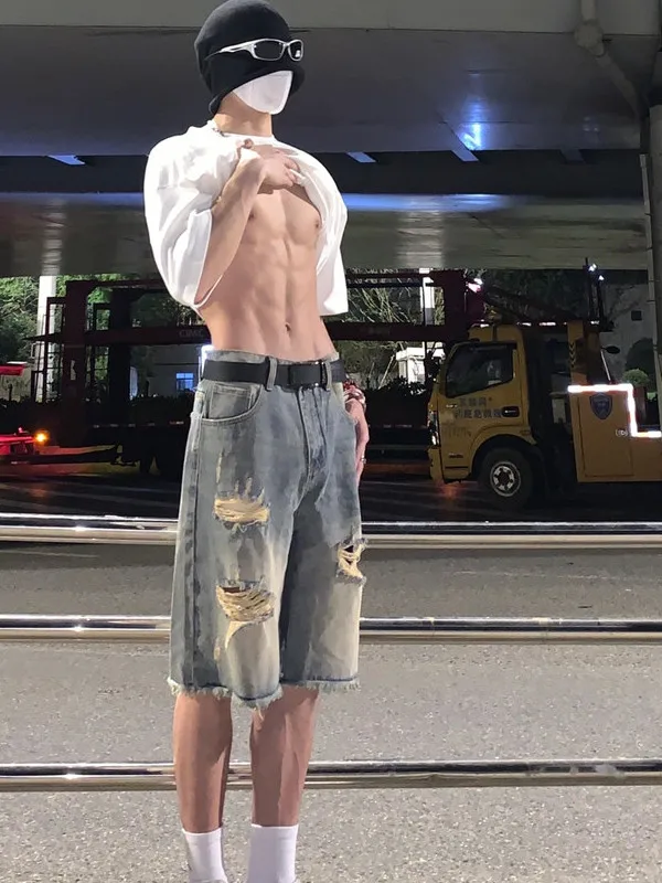 

Summer American Retro Loose Straight Legged Distred Jeans orts Men's Heavyweight Poor Boy Five-Quarter Pants Youth Casual