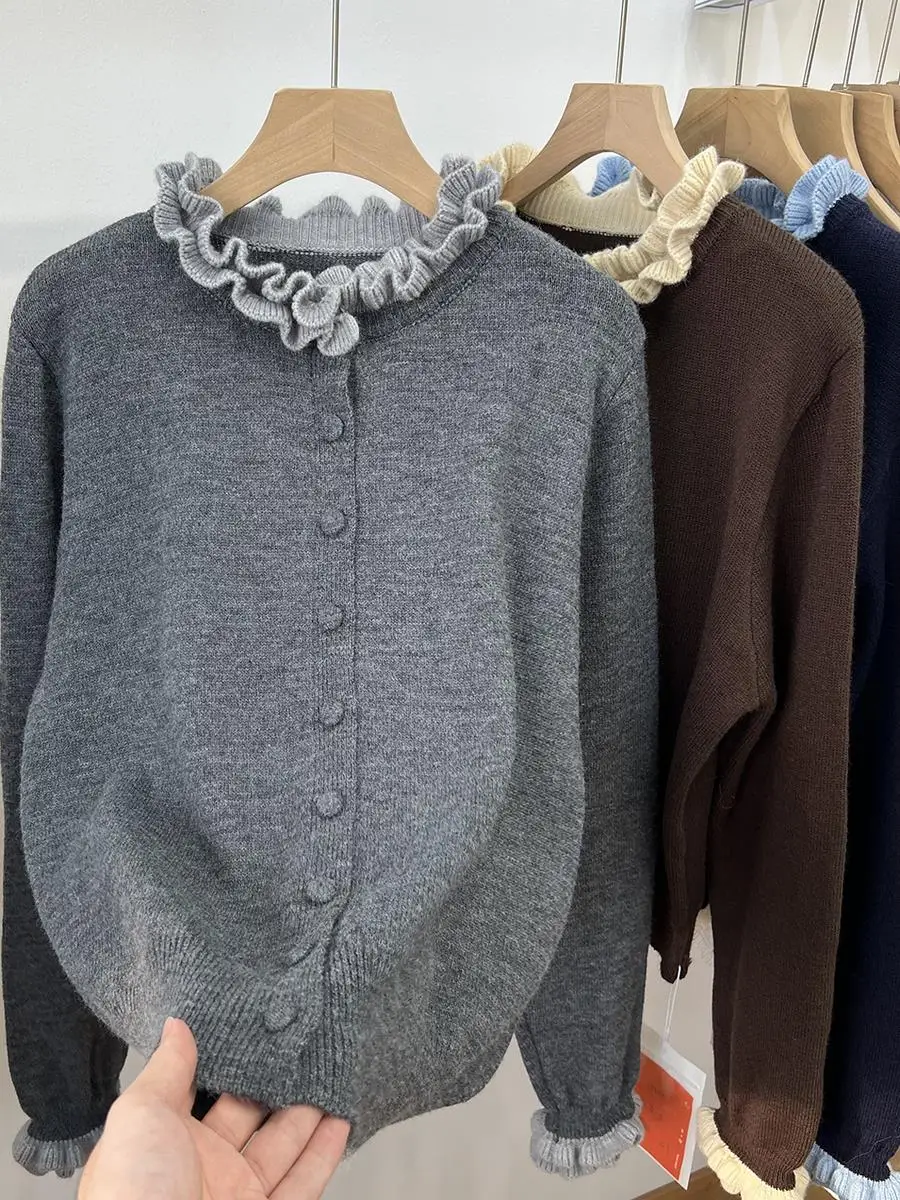 Soft Cozy Splice Knitted Sweater Coat Women's Princess Style Long Sleeve round Neck Warmth Outerwear Autumn Winter New Arrival
