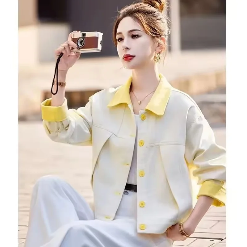 2025 المرأة التباين الدنيم سترة جديد ربيع الخريف موضة الكورية السيدات ملابس خارجية بولو طوق عادية أنثى معطف قصير القمم #3
