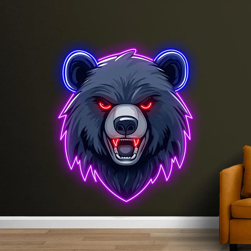 Toysign Intense Neon Bear Head LED Wall Light – Bold and Fearsome Design for Gaming Rooms, Man Caves & Bars, Cool Decor Light