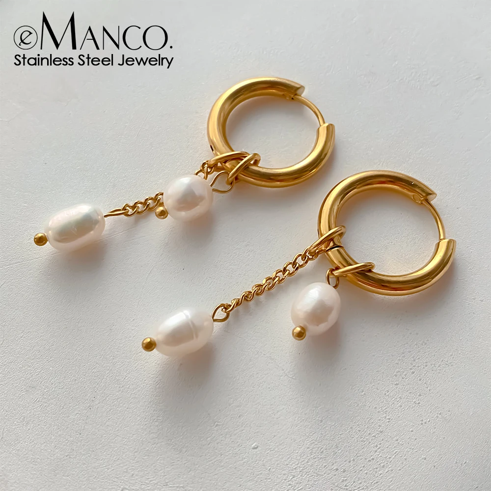 EMANCO Minimalist Style Freshwater Pearls Dangle Hoop Earrings Ideal for Dating and Office Chic Looks Stainless Steel Jewelry