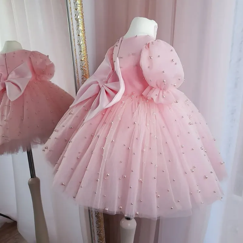Child Bow Tulle Vestido Party Birthday Baby Clothes 12M-14Y Baby Girl Princess Pearl Tutu Dress Puffy Sleeve Infant Toddler