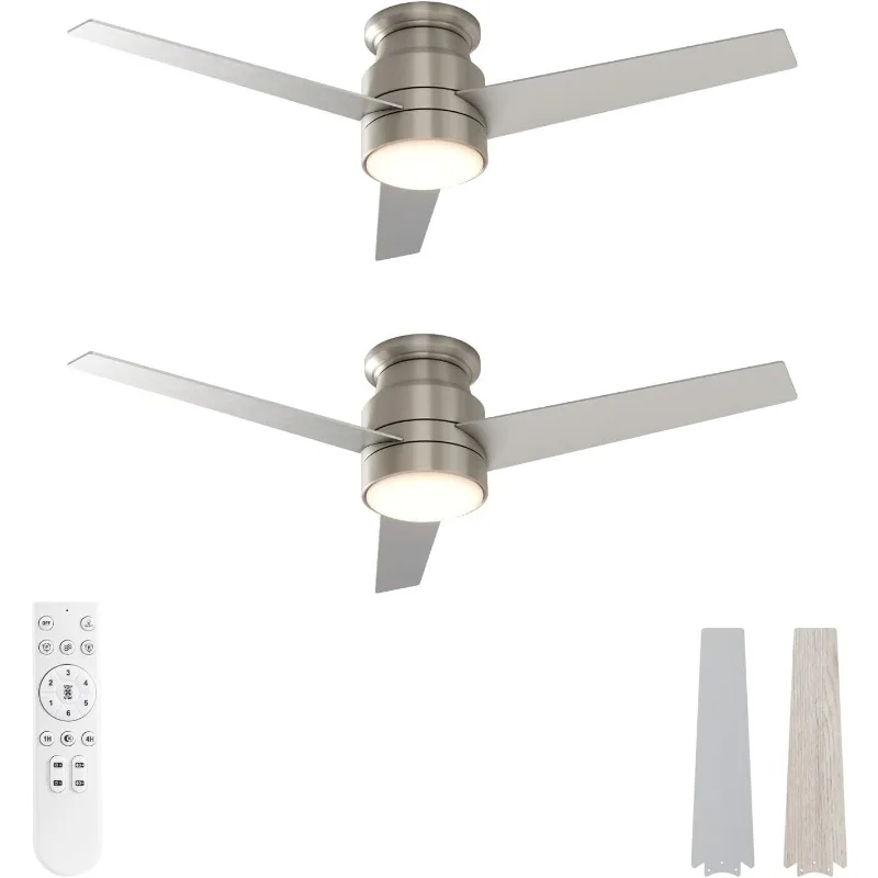 Hot Products Flush Mount Ceiling Fans with Lights and RemoteControl 52-Inch DimmableLight Timer Brushed Nickel  3-Blades 2 Pack