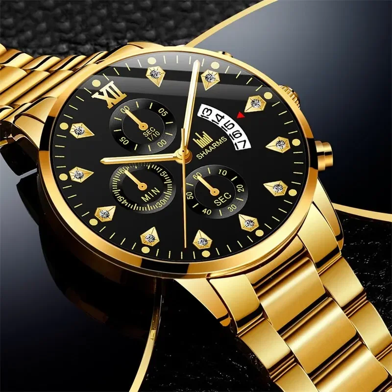Men's Fashion Business Quartz Watch Fashion Fake Three Eye Calendar Men's Watch Stainless Steel Strap Men's Watch