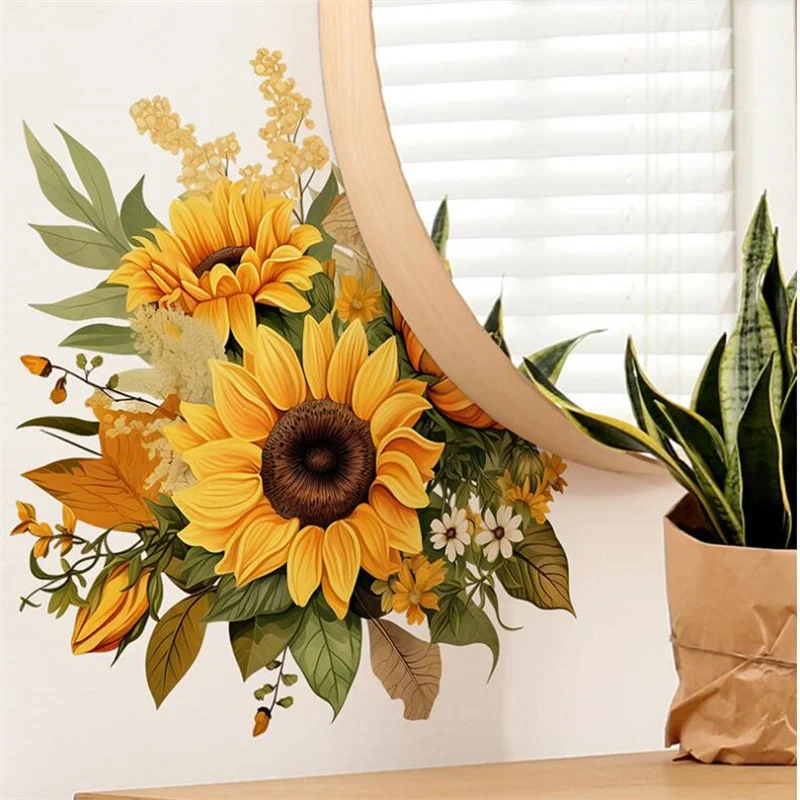 Self-Adhesive Colored Yellow Sunflowers Flowers Wall Stickers For Bedroom Living Room Cabinet Beautification Decoration Wholesal
