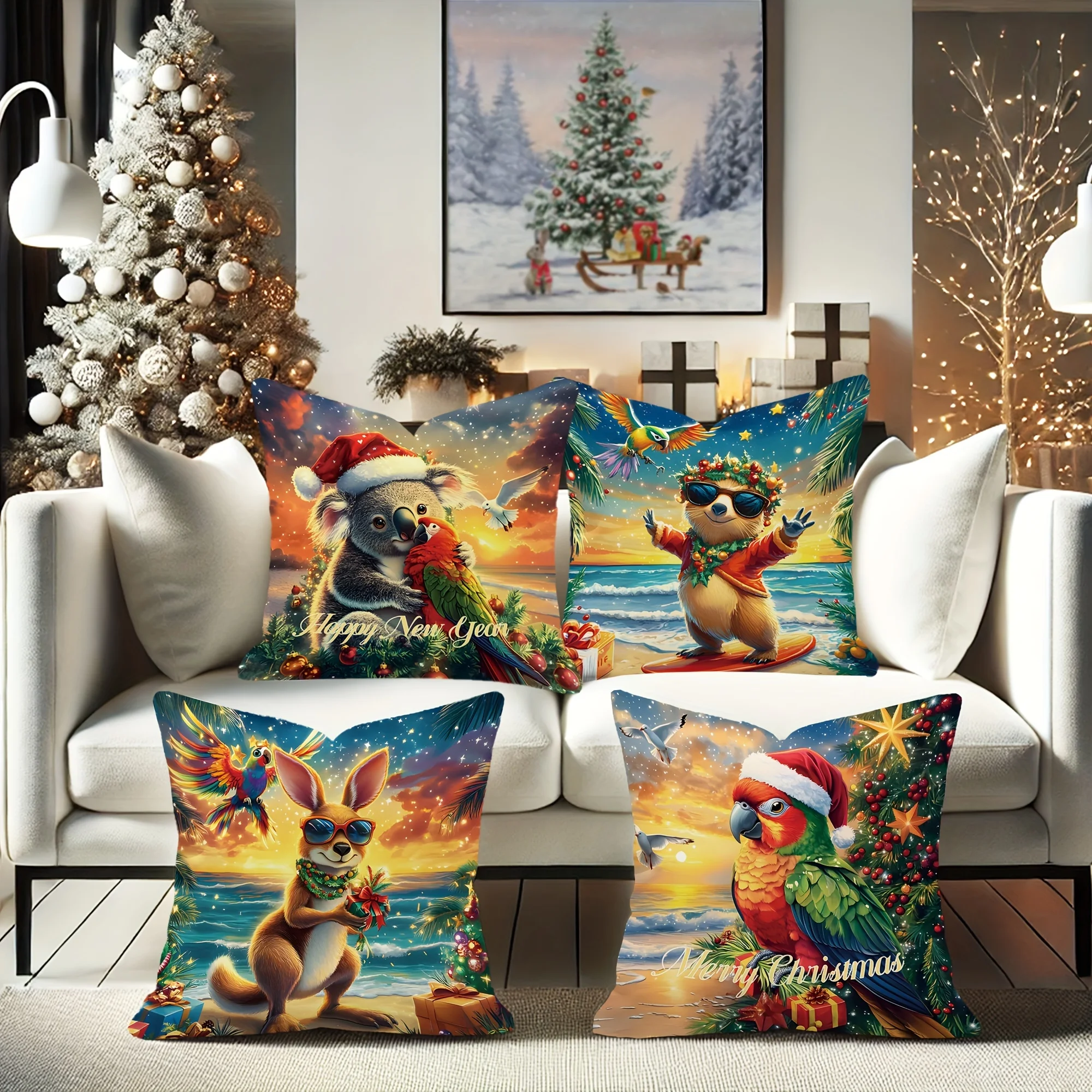 4pcs Christmas Decoration Parrot Sea Bear Kangaroo Velvet Throw Pillow Covers Cute Coastal Blue Brown Red Cosy Soft