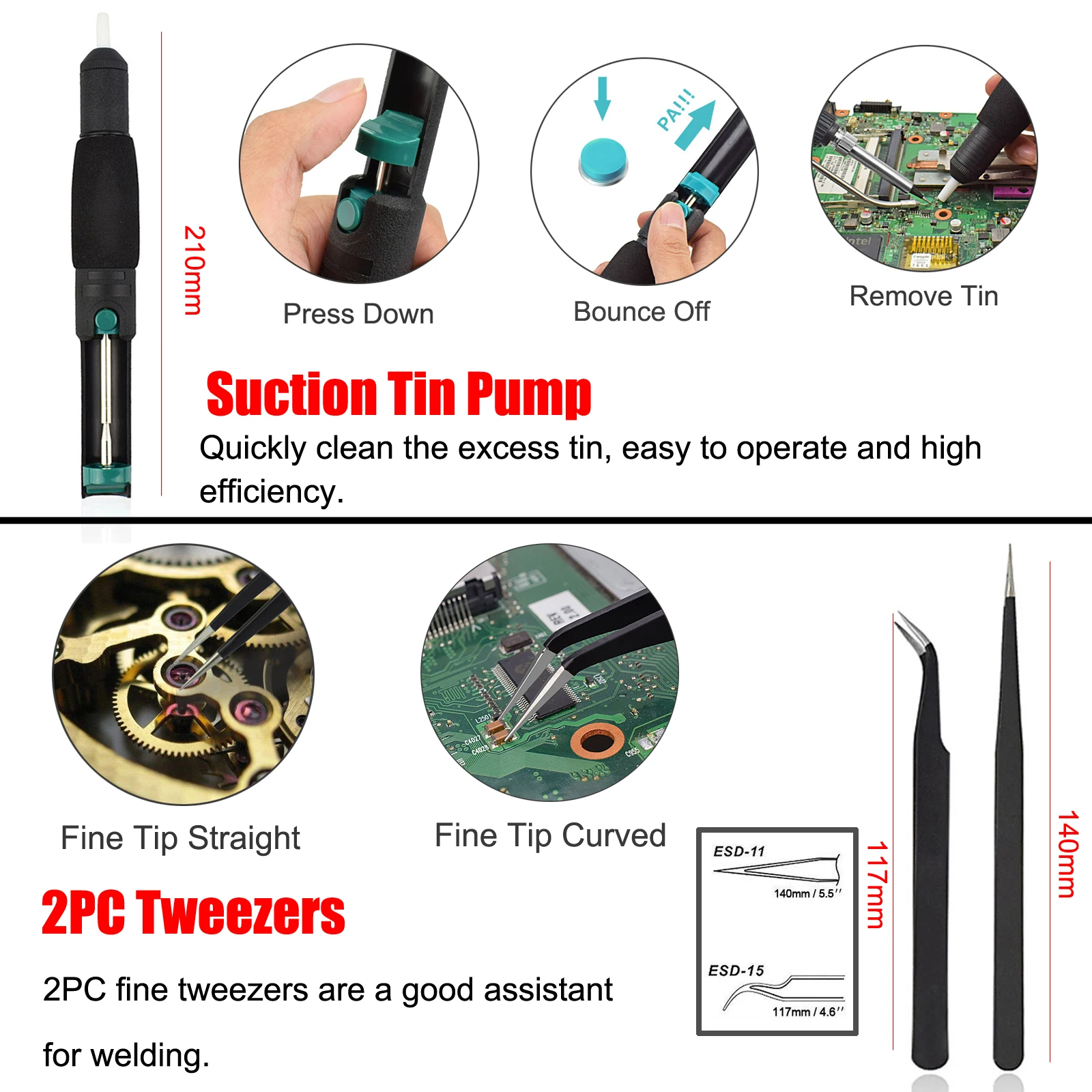 Kit saldatore Toolour Pistola per saldatura da 60 W con temperatura regolabile 260~480 ℃   Funzionamento con una sola mano per saldatura PCB, fai da