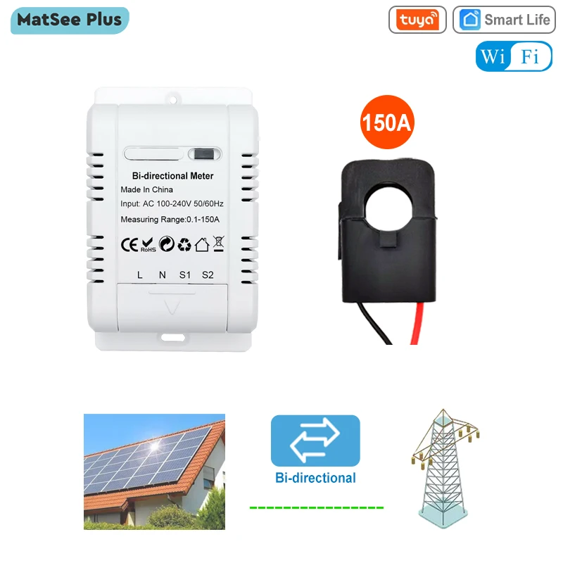 Medidor de Energia Bidirecional Solar pv Sensor de Corrente Monitor de Energia do Transformador Tuya Smart Life Wifi 150a 110v 240v