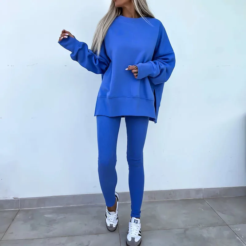 Elegant 2024 Solid O-Neck Long Sleeved Sweatshirt Tops&Legging Two Piece Set Winter Temperament Sportwear Autumn New Women Suit