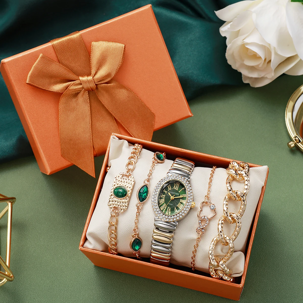 

Набор золотых часов и украшений Sweet Red Cherry - часы с овальным красным циферблатом, браслеты с подвесками в виде вишни и сердца, милый романтический аксессуар для женщин