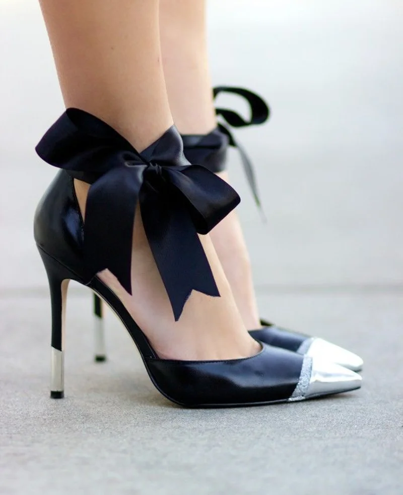 Elegant Black Faux Leather Stiletto Pumps Silver Toe Cap Contrast Satin Bow Lace-Up Detail Lady Footwear for Evening Looks