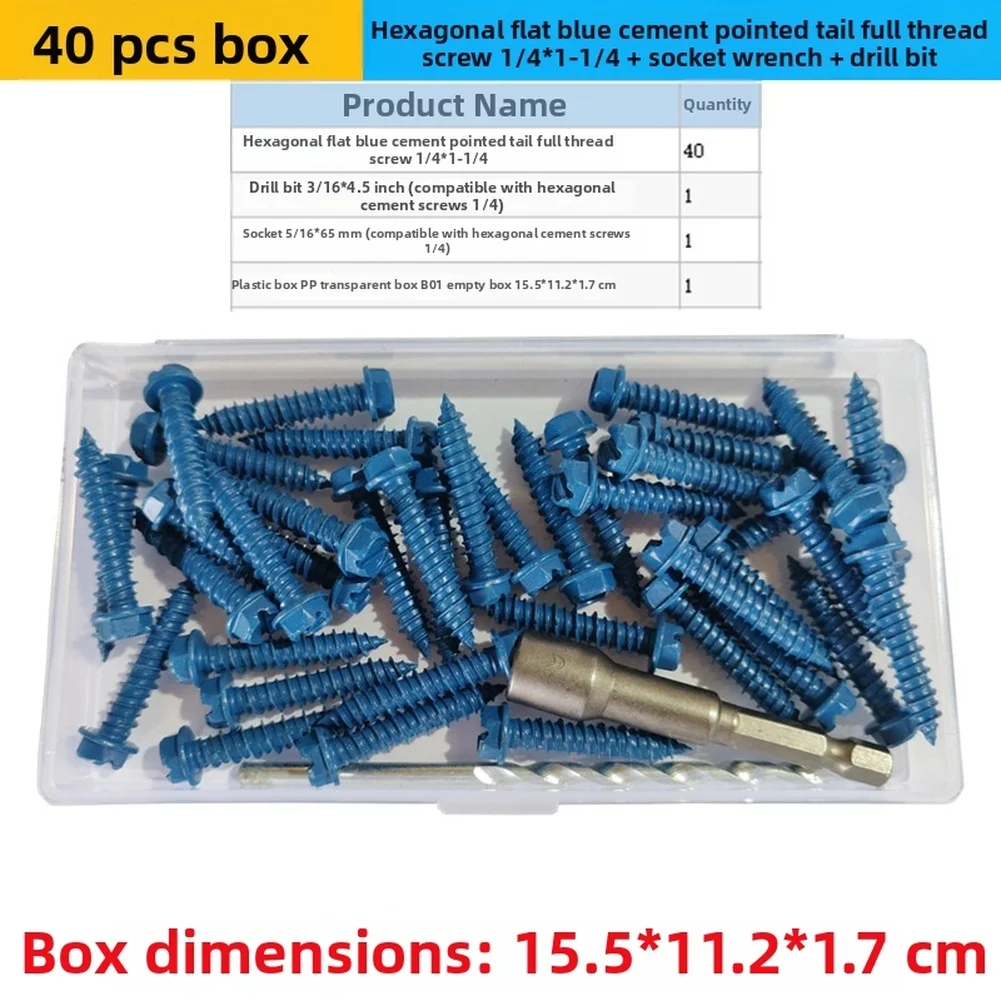 

40/80pcs/boxHex Head Blue Concrete Screws 5/16" Hex Bit Socket Wrench Drill Bit For Masonry Brick Cement Gypsum Hand Tool Sets