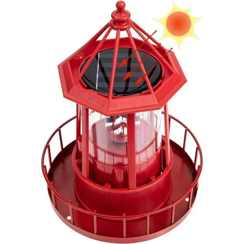 LED Solar Powered Lighthouse, 360 Degree Rotating Lamp Courtyard Decoration Waterproof Garden Towers Statue Lights