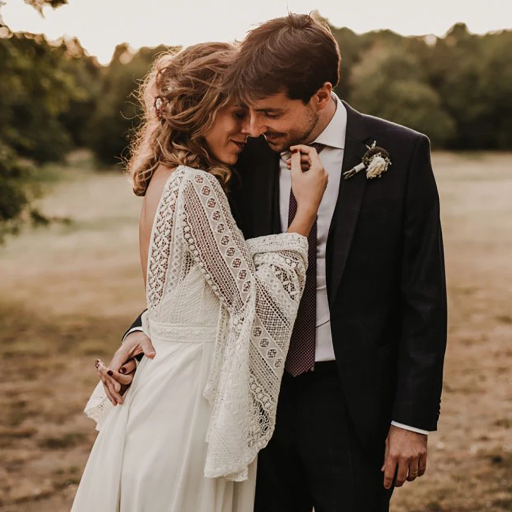 Vestido de noiva chiffon estilo boêmio, mangas compridas, pescoço v, costas abertas, tamanho grande, estilo boho, para fotografia nupcial