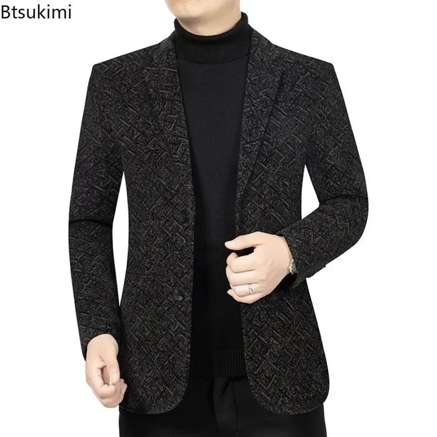 2024 Men\'s Blazers Jackets Fashion Autumn Winter Plus Velvet Thickened Warm Suits Male Handsome Trend Casual Business Suit Coats