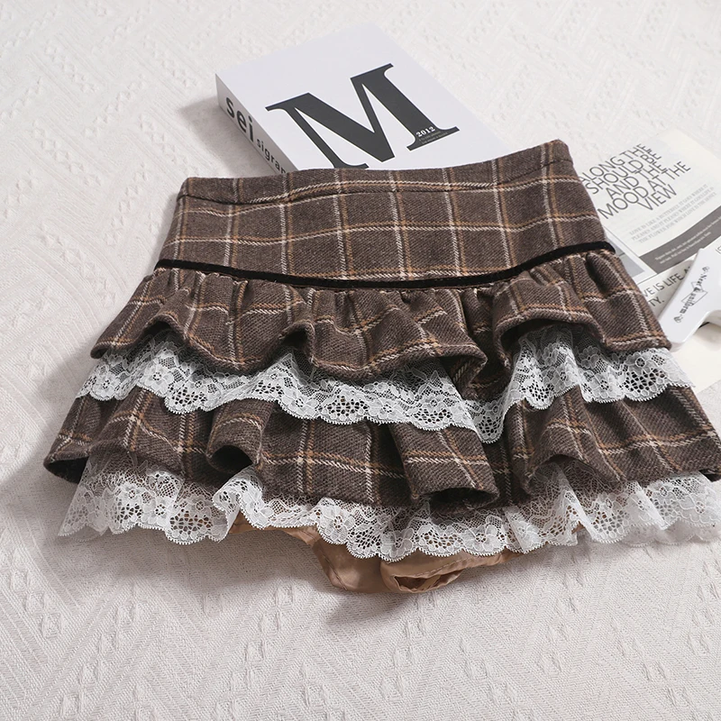 Gaganight Sweet Woolen Plaid Lace Fluffy Cake Skirt Women 2025 Spring New High Waisted A Word Hip Wrapped Skirts Bottoms Fashion