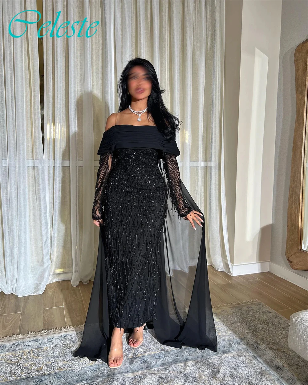 

Customized Straight Boat Neck Cap Sleeve Long Sleeves Elegant Evening Dress Delicate Bespoke Occasion Gowns Fashion Party Dress