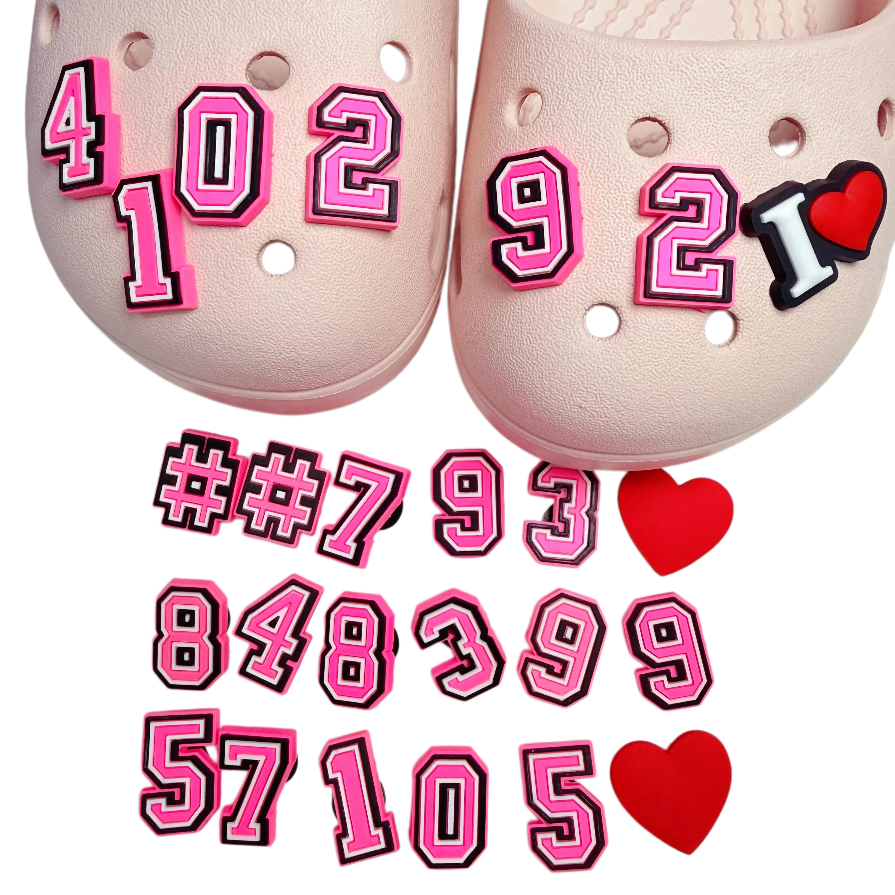 10-100Pcs Pink Number Heart Love PVC Shoe Charms Women Pins Bubble Slides Accessories Garden Shoes Buckle Clog Decoration