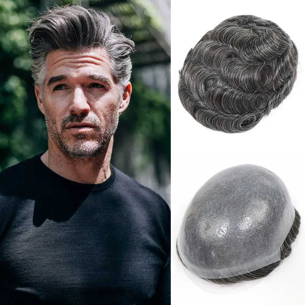 

0.06-0.08mm Thin Skin Men's Toupee Human Hair Capillary Prothesis Full PU Single Knot Poly Man Wig Hairpiece Male Hair System