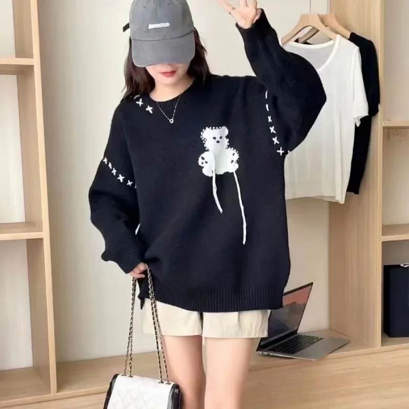 

Loose Women's Knitted Top 2024 Autumn Winter New Rope Lazy Style Jacquard Bear Sweater Women's Soft Waxy