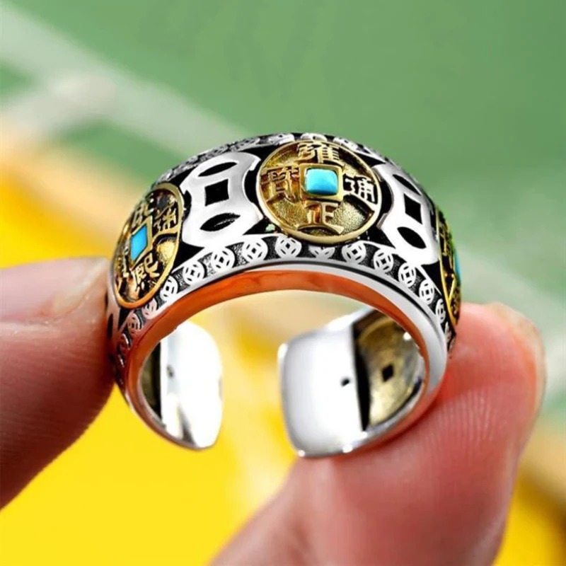 925 Silver Inlaid Copper Coin Turquoise Rotating Mens Rings Vintage Ethnic Style Classic Masculinity Banquet Jewelry Opening