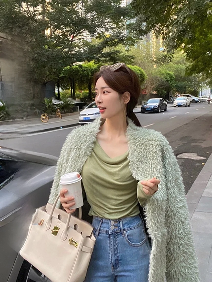 

CCZEE Ultra-Thi Warm Lamb Fur Jaet Versatile Ele Sle Commute Wind Long Sve Stand Collar Regular Fit Ladies Coat