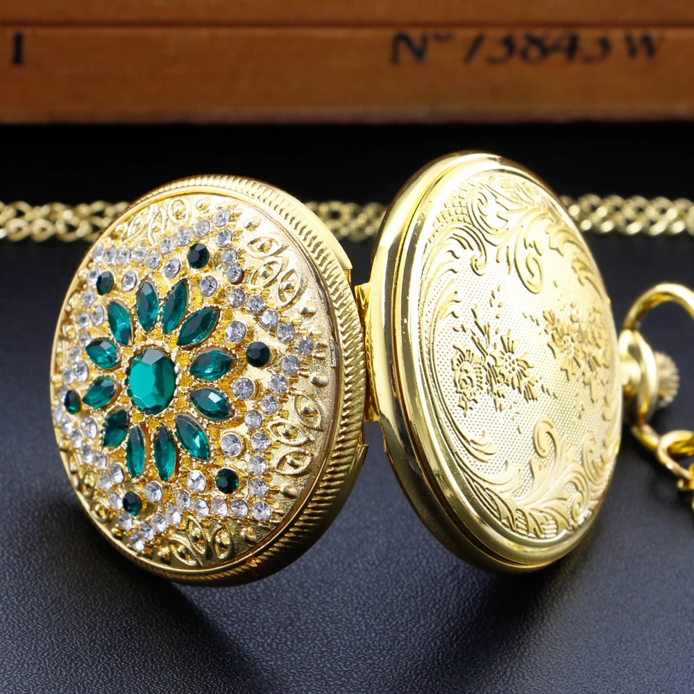 Green Diamond Handicrafts Quartz Pocket Watch Vintage Luxury Gold Necklace Ladies Pendant Best Gift reloj mujer analogico
