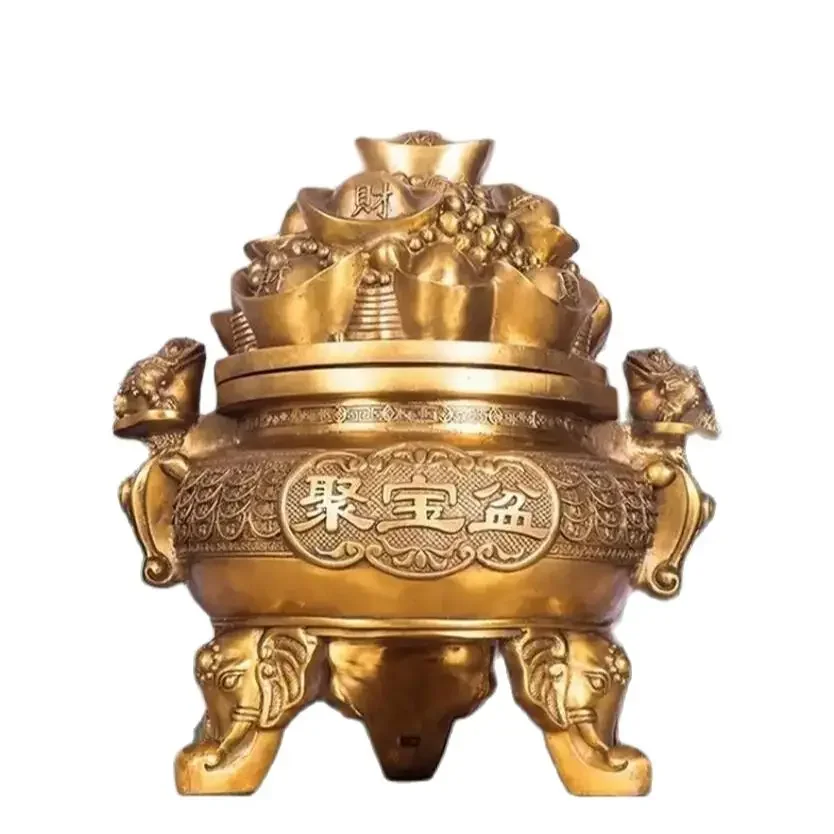 Brass covered treasure bowl ornaments, golden toad three legged elephant incense burner, home and temple offerings