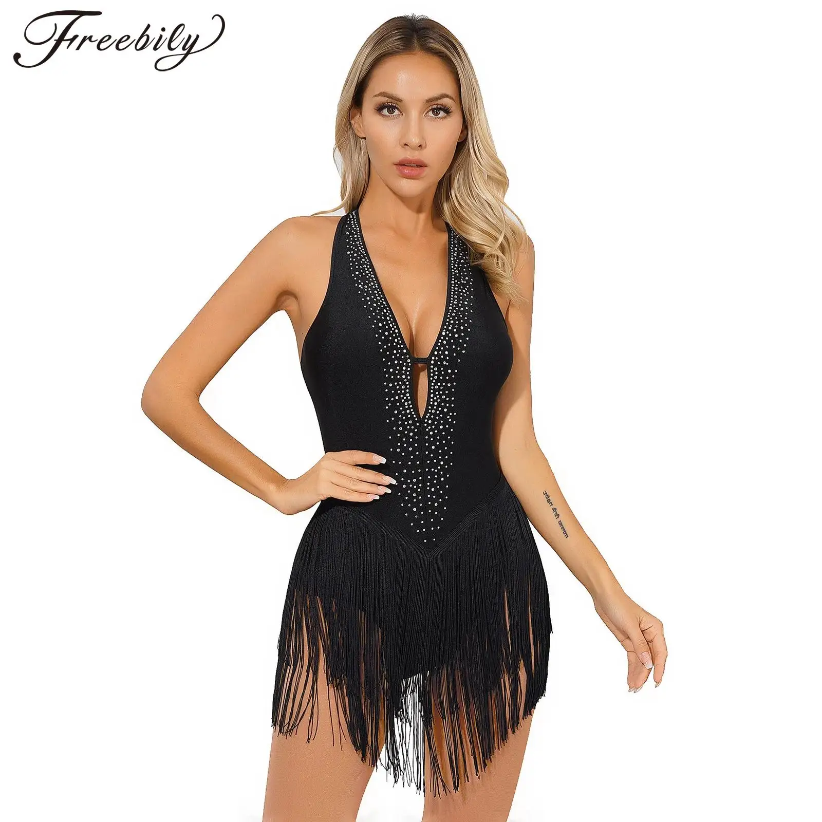 Women Latin Dance Leotard Dress Sleeveless Rhinestone Tassel Deep V Bodysuit Tango Rumba Cha-Cha Samba Stage Performance Costume