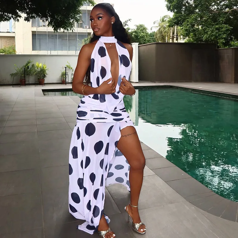 Black And White Polka Dot Women's Dress With Slit, Printed Street Style, Irregular Skirt, High Neck, Tie-back, Backless Dress